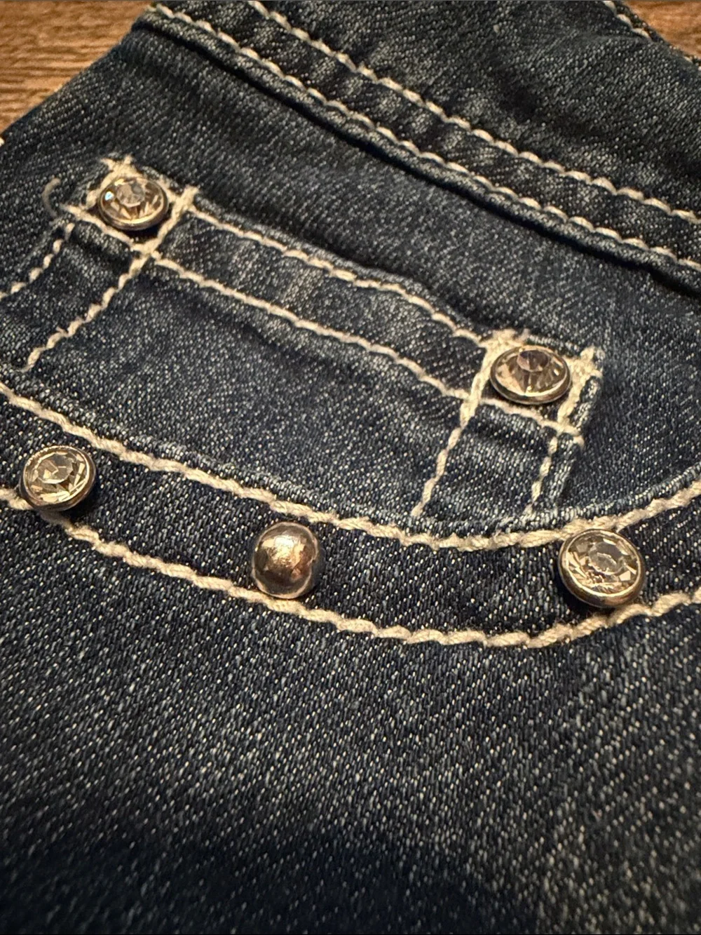 Earl Jean Denim Skirt Rhinestone Cross Pocket Detail